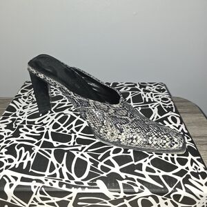 Bebe Women's Black and Gray Snakeskin Heeled Mules
